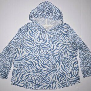 Alfred Dunner Womens Blue White Design Hooded Pullover Size PL (Large Petite)